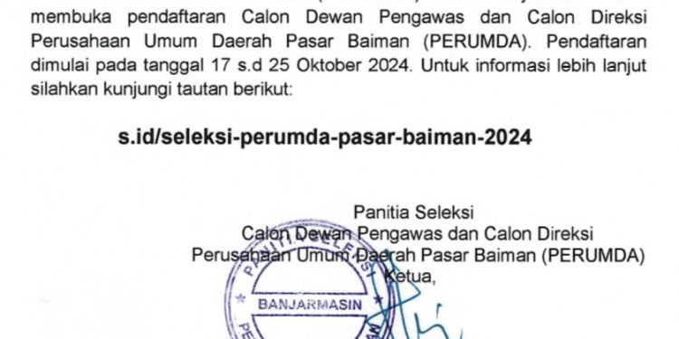 Pemko Buka Lowongan Dewas dan Direksi Perumda Pasar Baiman