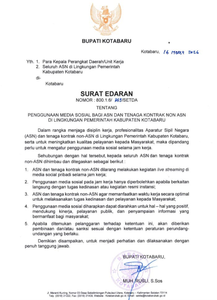 Bupati Kotabaru Terbitkan Surat Edaran Larangan ASN Live Streaming saat Jam Kerja