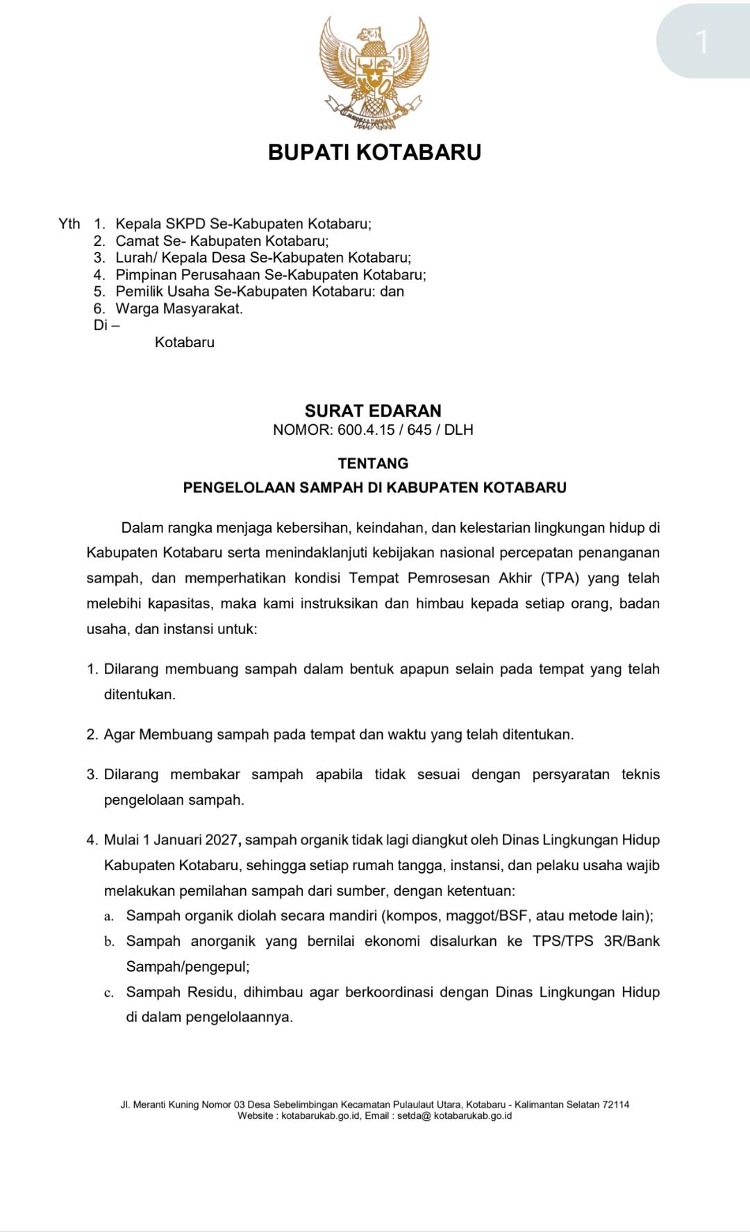 Bupati Kotabaru Terbitkan Surat Edaran Pengelolaan Sampah, Warga Diminta Pilah Sampah dari Sumber